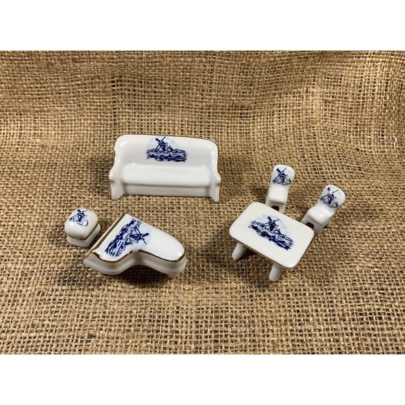 Porcelain Dollhouse Furniture 6 Piece Miniature Vintage Japan Windmill Scene - Picture 1 of 10